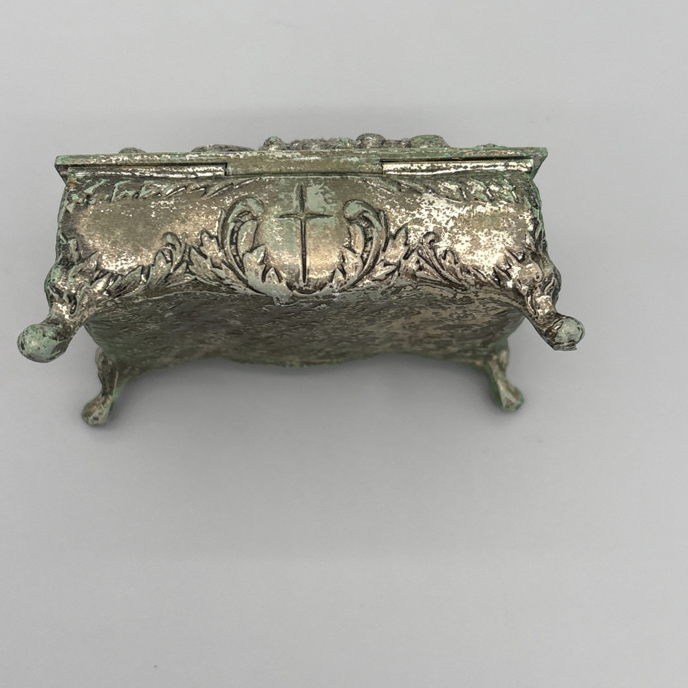 Vintage Metal Jewelry Box Trinket Footed Velvet Lining Cross Religious Patina - Picture 9 of 13